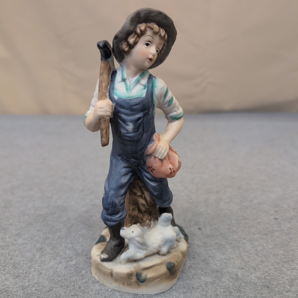 Vintage UCC Porcelain Farm Boy with Dog Figurine Blue Overalls Taiwan